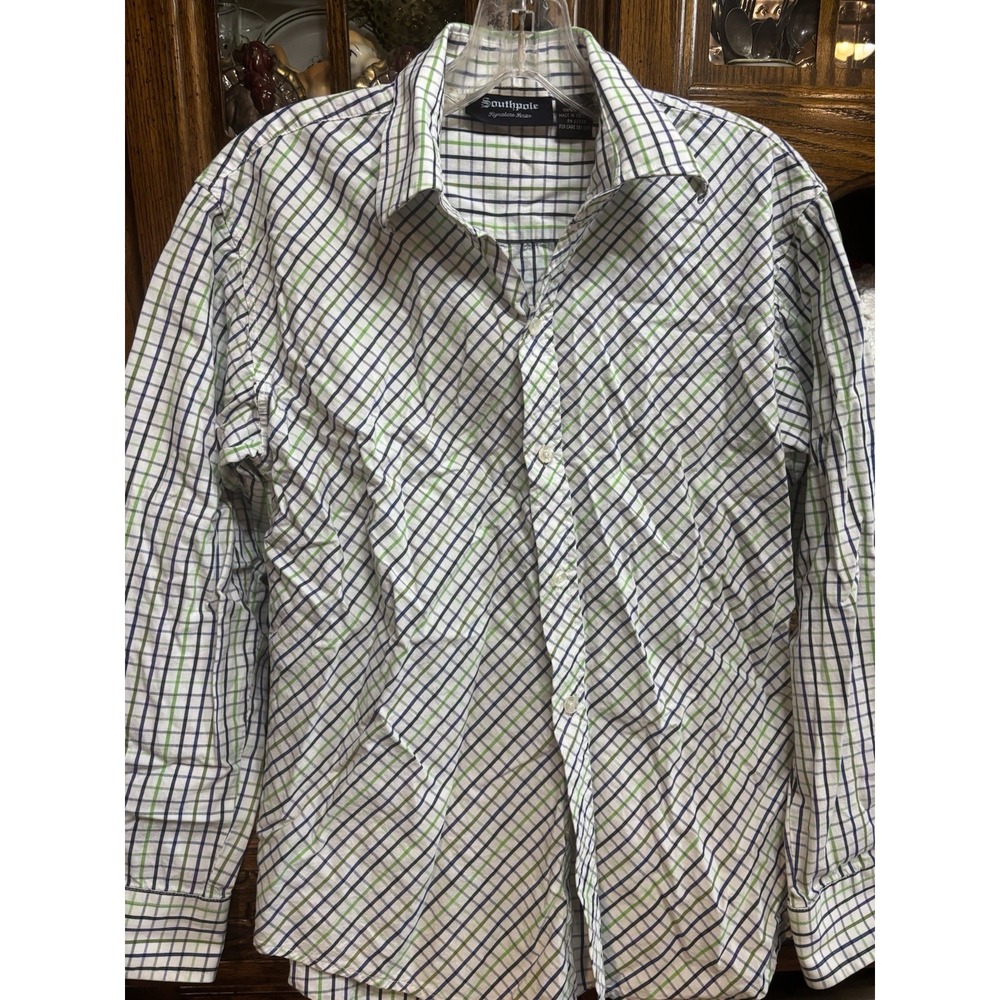 South Pole Signature Series Boys Button Down Shirt Blue Green‎ Plaid XL Dressy